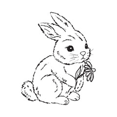 Obraz premium Hand drawn rabbit sitting and holding flower in paws. Happy Easter greeting card, sporing invitation party. Vector sketch illustration in vintage crayon charcoal style