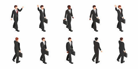 Fototapeta premium Isometric illustration of diverse businessmen walking with briefcases in various poses