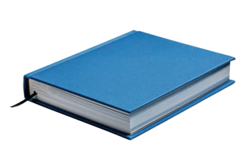 Blue hardcover book with black ribbon bookmark on black background journal notebook