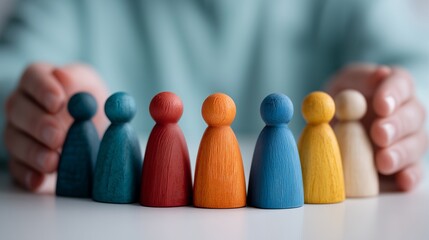 Human resource manager's hands protecting diverse colorful wooden peg dolls representing team members, concept for corporate team building, diversity recruitment and insurance coverage