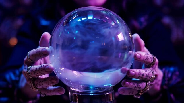 Fortune teller crystal ball with swirling fog inside. Mystical Halloween footage.