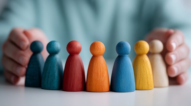 Human resource manager's hands protecting diverse colorful wooden peg dolls representing team members, concept for corporate team building, diversity recruitment and insurance coverage - Powered by Adobe