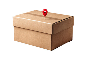 Brown cardboard box with red location pin on black background package shipping