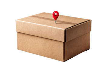 Brown cardboard box with red location pin on black background package shipping