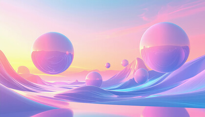 Abstract 3D Landscape with Large and Small Spheres, Pastel Colors and Reflective Surfaces