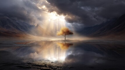 Solitary barren tree with golden leaves reflecting on water surface. Light rays shining through dark dramatic clouds over mountain landscape.