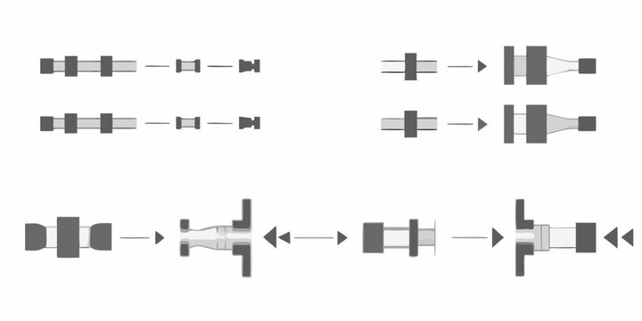 Schematic illustrations of various valve types and fluid control components