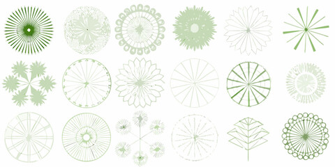 Collection of abstract green floral and circular designs on a white background