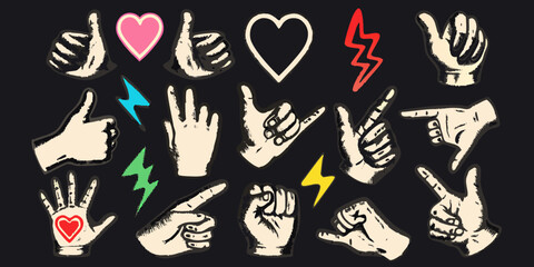 Variety of hand gestures and symbols hearts lightning and pointing fingers