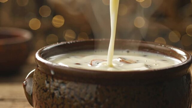 cinematic top-down video creamy mushroom soup rustic bowl, fresh mushrooms, herbs, garlic wooden spoon, hand stirring soup, morning sunlight streaming window cozy steam rising lifestyle home-cooking