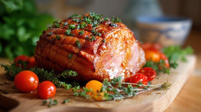 Glazed baked ham with herbs and cherry tomatoes on a wooden cutting board. Holiday feast dish for Christmas or New Year celebration dinner.