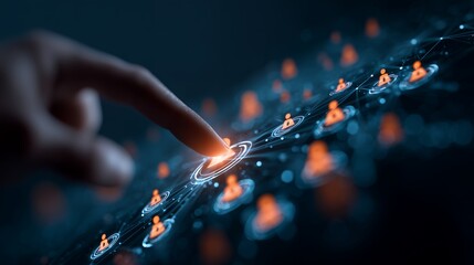 HR manager's finger activates an illuminated human resource icon connecting a network of abstract people profiles, concept for human resource management, digital recruitment and global networking