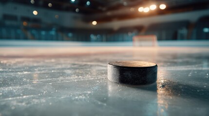 Hockey puck on ice rink with blurred arena lights. Winter sport game play concept for tournament announcement.