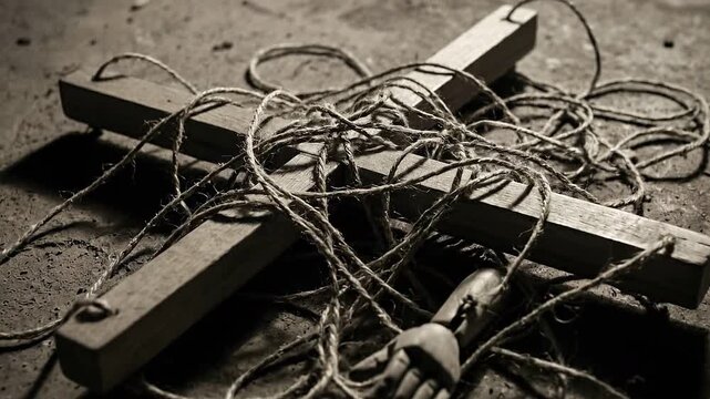 Broken wooden marionette control bar tangled in strings on a dirty floor. Discarded puppet hand lying in shadows. Concept of manipulation and abandonment