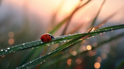 Ladybug on a green blade of grass with morning dew drops. Macro photo of a small insect in nature. Summer or spring season concept.