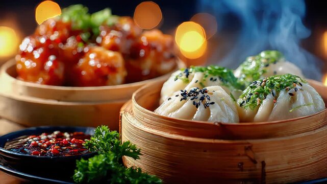 Steaming bamboo baskets filled with freshly cooked dim sum dumplings, served in a cozy restaurant atmosphere with warm light and shallow depth of field