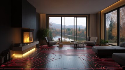 Naklejka premium Underfloor heating system installation in modern living room with fireplace and scenic autumn lake view. Home renovation and comfort concept.