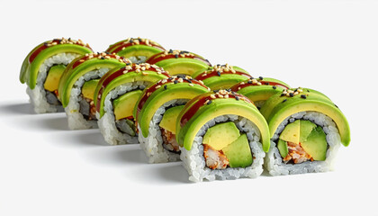 Avocado Sushi Rolls with Spicy Sauce Drizzle and Sesame Seeds, Japanese Cuisine