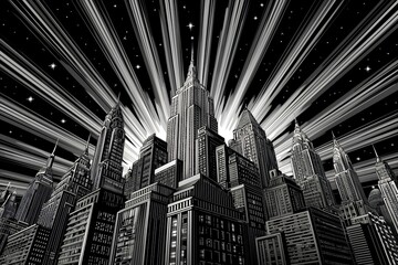 Dramatic black and white cityscape illustration featuring iconic skyscrapers under a starry night sky with strong radial light rays, concept for urban development, graphic novels and travel brochures