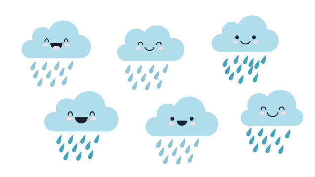Set of six adorable blue cartoon clouds with various happy smiling faces and blue raindrops falling against a white background.