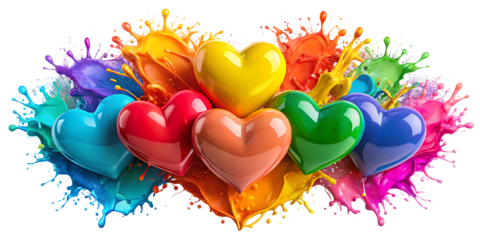 Colorful hearts with paint splatters on black background