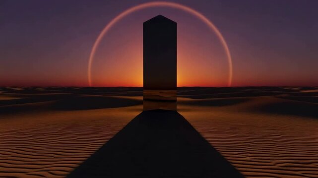 Mysterious black monolith in vast desert landscape at sunset, sci-fi concept with cosmic ring, alien artifact discovery