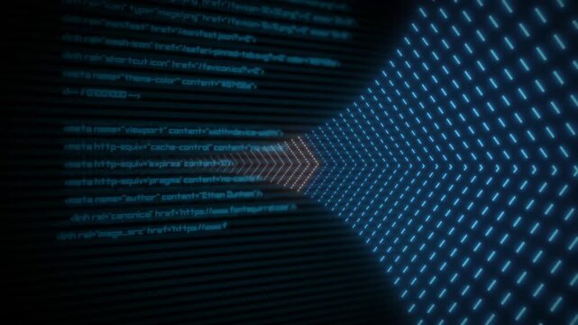 Digital abstract background with dynamic elements and computer code. 4K