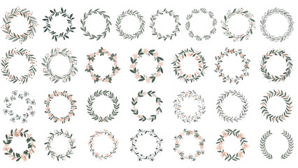 Large collection of twenty-four floral wreaths and frames in different styles and colors for elegant decorative design projects.