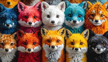 A vibrant collection of colorful foxes in a playful arrangement.