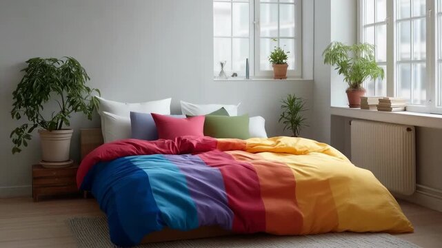 Cozy bedroom with rainbow comforter near sunlit window and indoor plants
