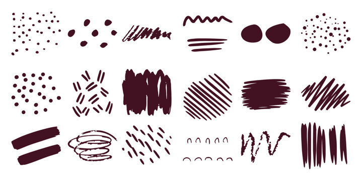 Collection of dark red abstract hand drawn doodle shapes and lines white
