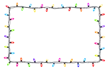Realistic multicolored fairy lights frame with glowing warm bulbs and festive string light border for party celebration and holiday decor on white background png