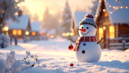 Obraz premium A whimsical scene unfolds with a cheerful snowman adorned with a festive hat and scarf, standing in a snowy landscape