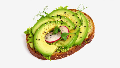 Artistic Avocado Toast with Radish, Sprouts, and Black Sesame Seeds on Dark Rye Bread, Isolated