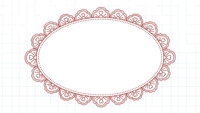 Elegant white oval frame with a delicate brown decorative lace border featuring heart motifs on a subtle grid background.