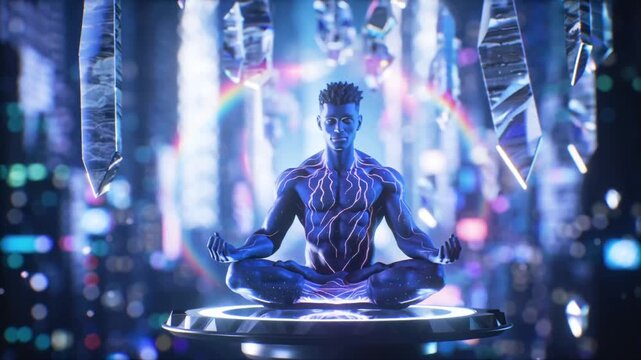 4K cinematic handsome alien monk meditating, floating crystalline platforms glowing futuristic city, cosmic veins skin, flowing robes, halo floating lights, rainbow light beams refracting crystals