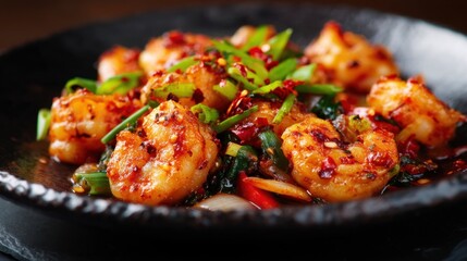 Fototapeta premium Spicy shrimp stir-fry with chopped scallions and red pepper flakes in a dark bowl. Delicious Asian cuisine for restaurant menu design.