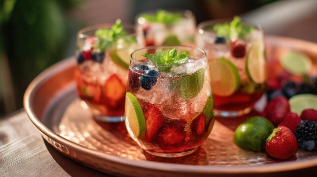 Refreshing berry and lime cocktail in glass on copper tray with ice, mint, and fresh fruit. Summer drink concept for party celebration.