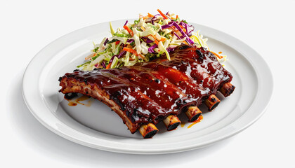 Delicious BBQ Pork Ribs with Fresh Coleslaw on a White Plate