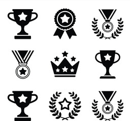 Collection of black including trophies medals crowns and laurel wreaths trophy