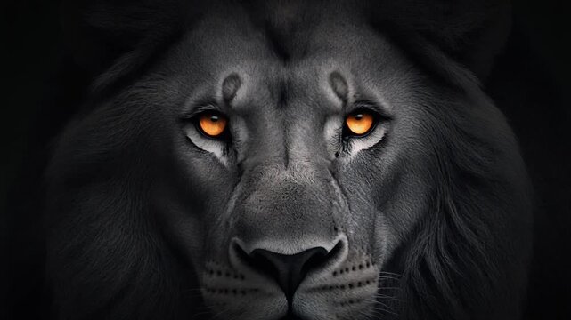 A majestic lion's face with piercing orange eyes gazes intensely forward in a dark, mysterious environment viewed closely