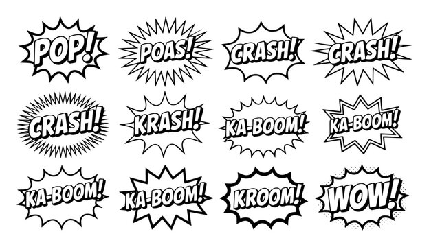 Comic book style speech bubbles with onomatopoeia words like P O P K R A S H K A B O M W O W