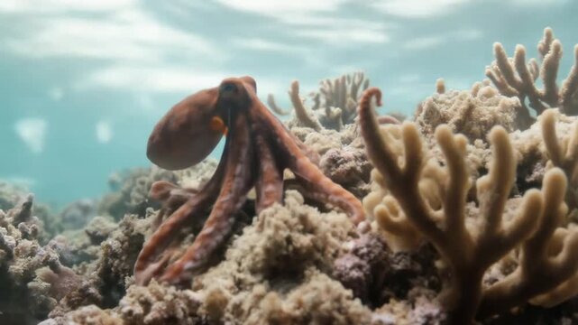 Underwater world: An octopus slowly crawls through coral reefs in its natural habitat. Exploring