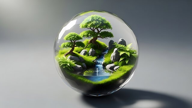 A serene miniature ecosystem flourishes within a clear glass sphere, showcasing delicate bonsai trees, lush greenery, and flowing water over smooth stones, a tranquil contained world