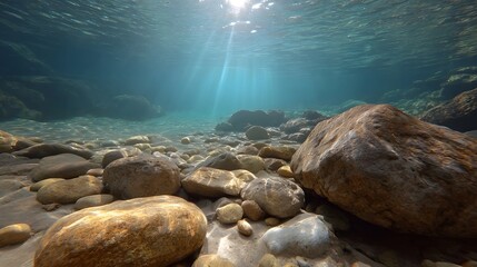 Sunlight filters through clear turquoise water illuminating smooth rocks and pebbles on a pristine riverbed