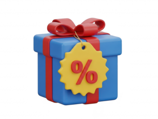 A blue gift box with a red ribbon and a yellow discount tag on it, isolated on transparent background