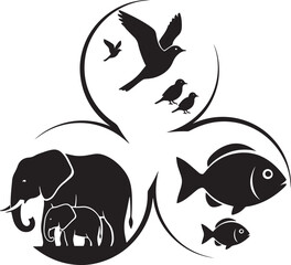 Interlocking animal groups birds elephants and fish flowing arrows design