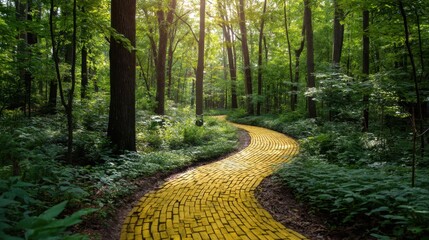 Obraz premium Yellow brick road winding through a green forest with sunlight filtering through trees. Journey pathway concept for adventure, travel, or fairytale.