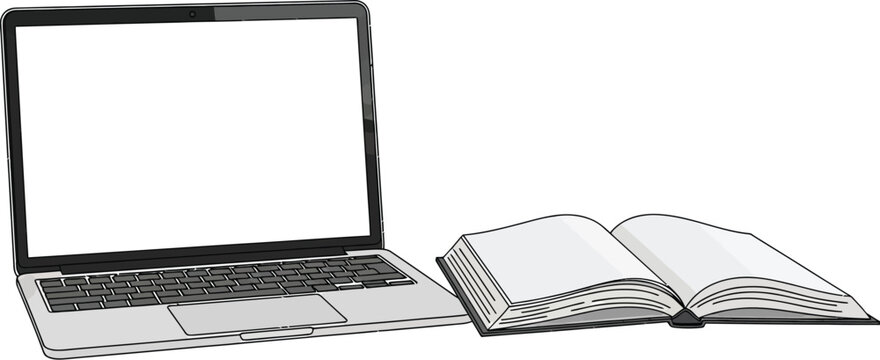 Open Laptop and Open Book on White Background - Illustration