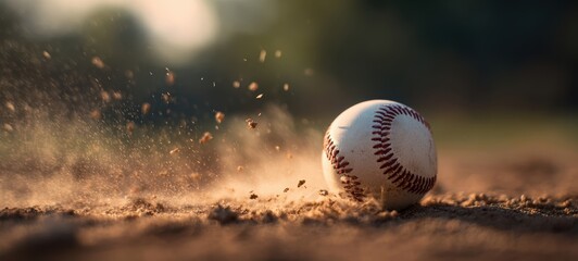 The Baseball Resting on a Dusty Infield as Dirt Flies in Golden Sunlight